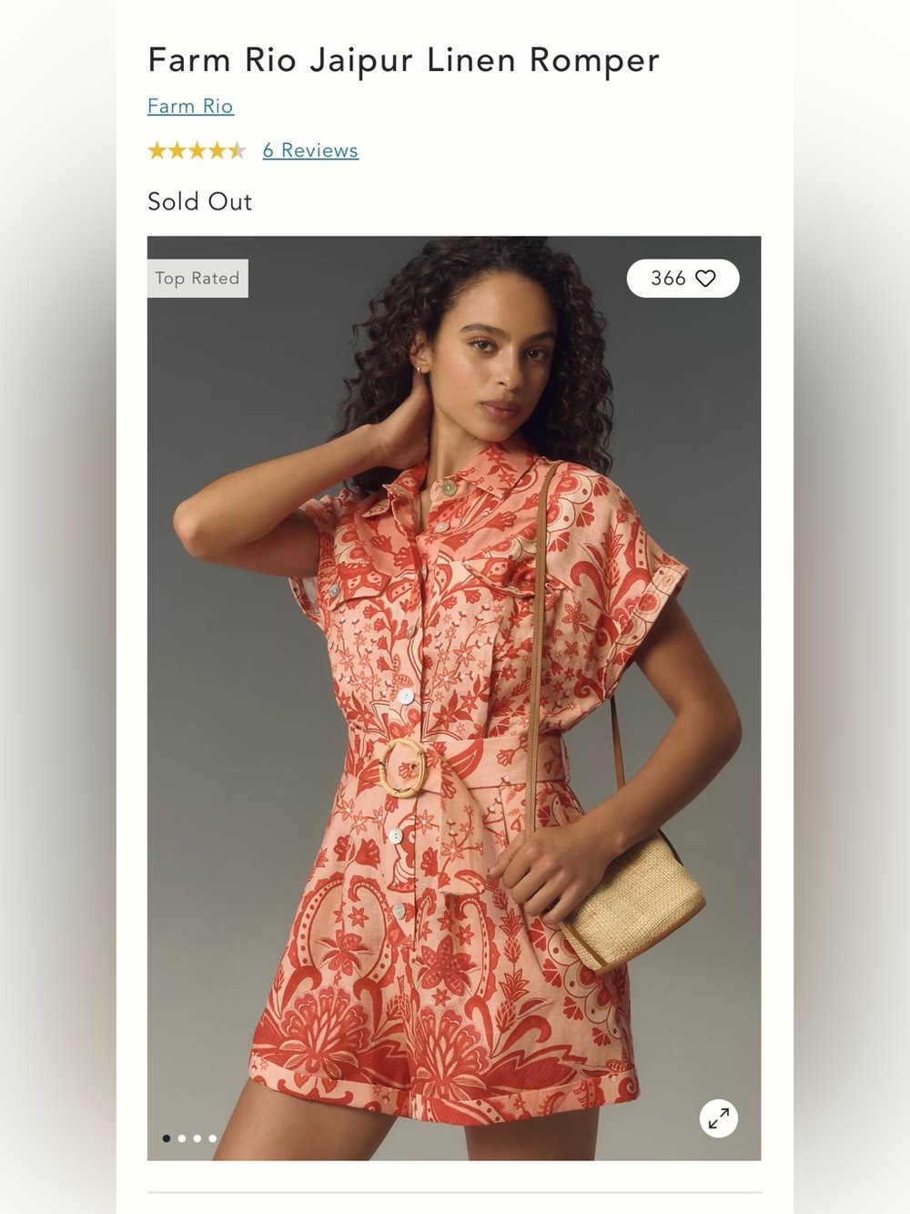 FARM Rio Coral and Red Paisley Linen Button-Down Romper XS